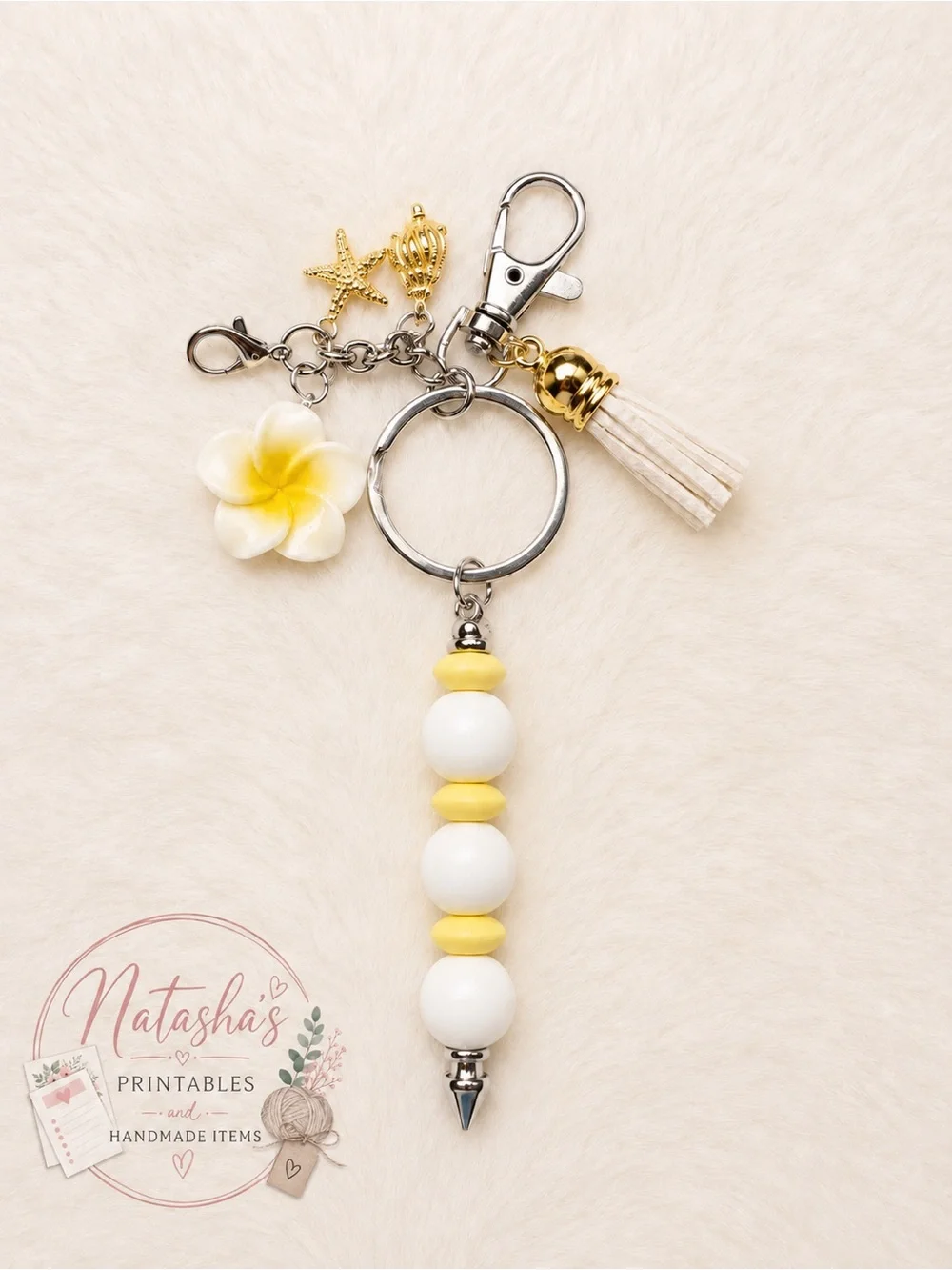 Handmade Yellow & White Bead Keychain with Floral Charm